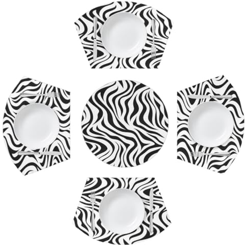 Mexpekil White Black Zebra Print Pattern Placemats Set of 4 for Round Table Wedge Place Mats with Centerpiece Heat Resistant Washable Plate Mats for Kitchen (5 Pcs)