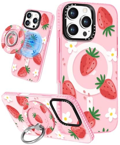Kokaade for iPhone 16 Pro Case for Women Girls - Cute Kawaii Strawberry Flower Design Compatible with Magsafe for Magnetic Ring Holder Stand Phone Cover Girly TPU Funda for iPhone 16Pro
