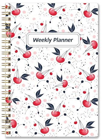 KMQOY To Do List Notebook - Undated Weekly Planner Diary A5 Spiral Productivity Checklist Organizer 52 Tear Off Pages with Habit Tracker, Pink Cherries