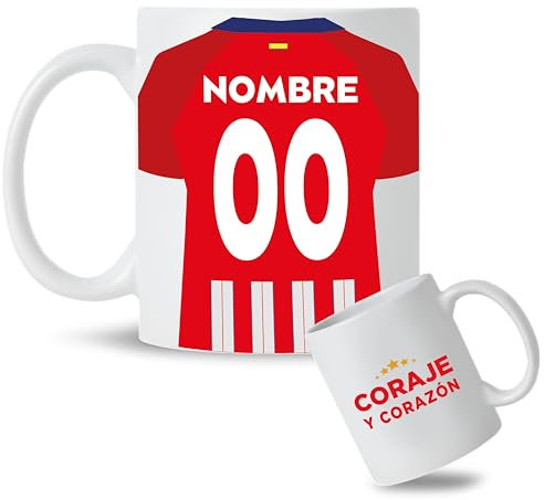 Taza Personalizada con nombre y dorsal de tu equipo preferido de Fútbol. Tazas de Desayuno personalizada. Regalo Original para Aficionados del Fútbol. Regalos Mundial. (Atlético)