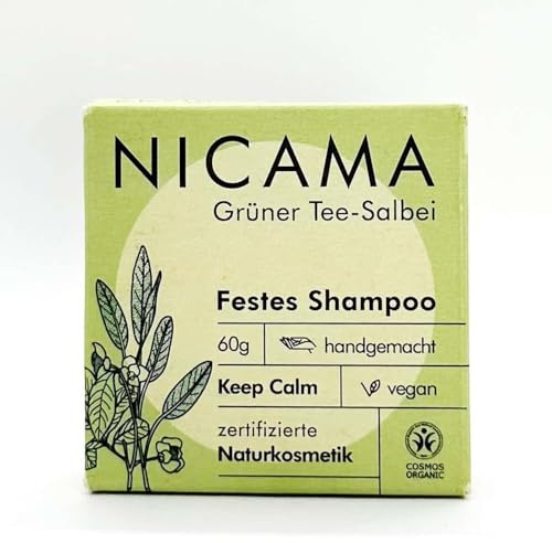 Nicama - Shampoo Grüner Tee & Salbei (COSMOS) – 60g - Natur-seife ohne Plastik, Vegan, Palmölfrei, Tierversuchsfrei