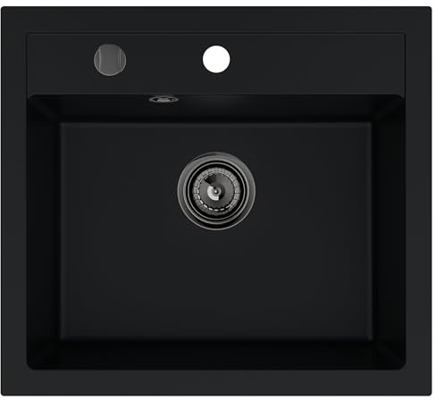 SINK QUALITY Granit Spülbecken Schwarz 56x51cm - Granitspüle mit Siphon Graphit und Imprägnierung - Spüle für Unterschränke ab 60 cm Breite - Einzelbecken Einbauspüle - Waschbecken für Küche