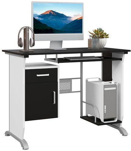 Vinsetto Scrivania per Computer 100x52x75 cm in MDF e Metallo, Scrivania PC con Ripiano per Tastiera, Armadietto e Cassetto, Bianco e Nero