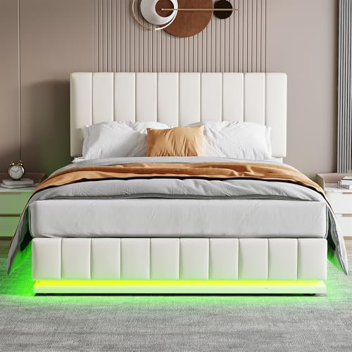 5ft King Size Bed Frame with Hydraulic Lift & Adjustable Channel Tufted Headboard, PU Leather Functional Upholstered Ottoman Bed with LED Lighting, Gas Lift Beds with Storage&Wooden Slats,Cream White