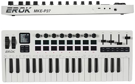EROK 37 Keys Midi Keyboard Controller with 16 Backlit Drum Pad, 8 Knobs, DAW Integration and Arpeggiator,Music Production Equipment and Studio Controller (White)