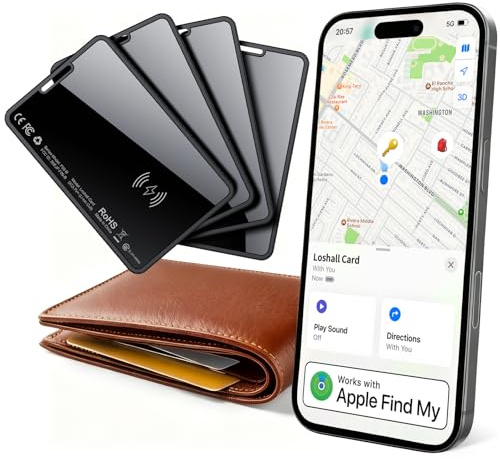 Hendari Dünne Geldbörsen Tracker Karte 4 Pack, 2025 Neue Wiederaufladbarer Wallet Tracker Kompatibel mit Apple Wo ist?(Nur iOS), Air Smart Tag Card für Reisekoffer/Geldbeutel/Koffer, IP68 Wasserdicht