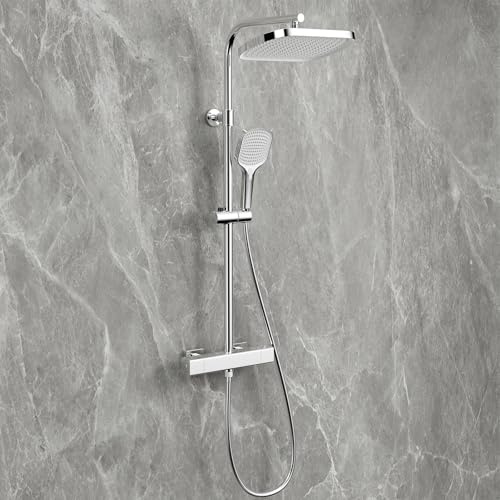 Ronvie Thermostatic Shower Mixer Set, 32cm Square Overhead Rainfall Shower, 3 Modes Shower Head with Adjustable Height Shower Rod, Anti-Leak Hose, Anti-Scald Thermostatic Shower System Chrome
