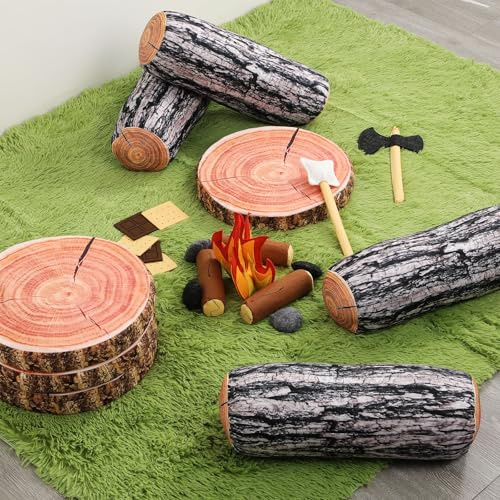 Seeloowy 27 Pcs Pretend Camping Play Toy Set Include 18 Fake Campfire Plush Toys 4 Wood Print Throw Pillow 4 Wood Print Cushion Pillow 1 Grass Green Soft Rug for Camping Theme Party Decorations