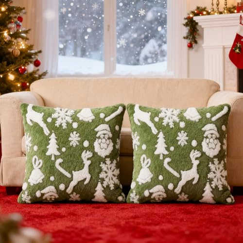 YEXEXINM 2er Set Weihnachten Kissenbezug Hirsch Schneeflocken Winter Zierkissenbezug Plüschkissen Kissenbezüge Weihnachtsdeko Kissenhülle für Wohnzimmer Sofa Schlafzimmer, Grün, 45 x 45 cm