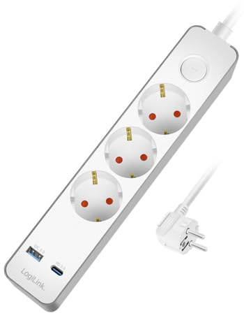LogiLink LPS287U - Steckdosenleiste 3-Fach + EIN- /Aus Schalter, 3X CEE 7/3, 1x USB-A (18 W), 1x USB-C (20 W), Kablellänge: 1,4 m
