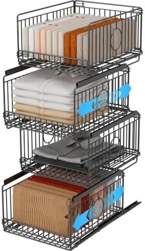 Ornestia Kleiderschrank Organizer, 4 Stück Metall Aufbewahrungsbox, Schwarz | Ausziehbar & Stapelbar, Schubladen Aufbewahrung für Kleidung, Küche, Waschküche, Spielzeug, Kein Bohren