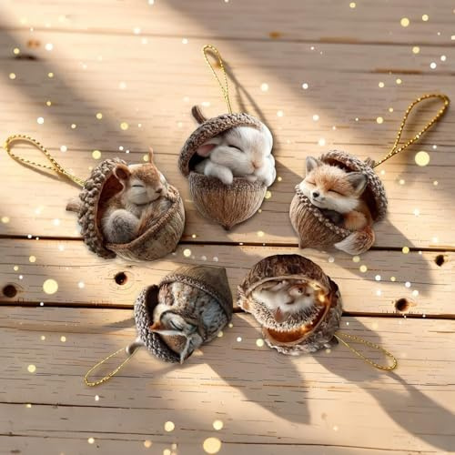 5Pcs Forest Animal Acorn Ornaments Christmas Tree Decorations, Cozy Forest Christmas Ornaments Lovely Sleeping Animal, Acrylic Christmas Trees Hanging Decorations Home Decor Rustic Nature Themed