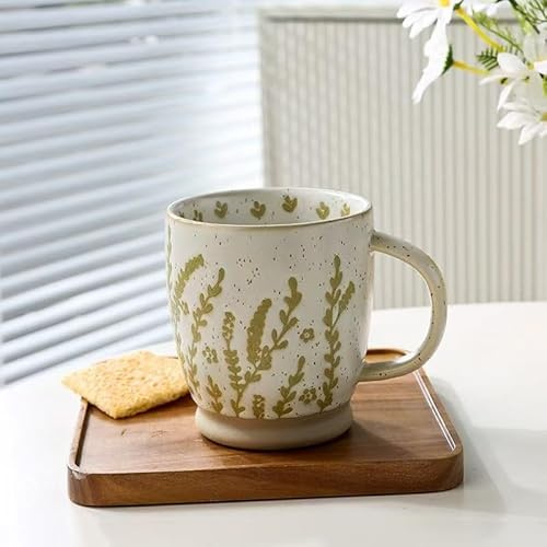 MACHUMA Vintage Stoneware Relief Design Mug, 500ml Large Ceramic Cup for Coffee, Tea, Breakfast, Retro Kitchen Home Decor and Festival Gift (Seaweed)