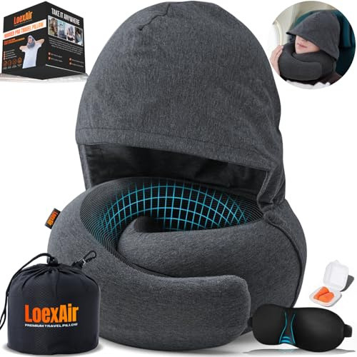 LOEXAIR® Hooded Pro Nackenkissen Flugzeug, Reisekissen aus Memory-Schaum mit Kapuze für Flugzeug, Reise & Auto, 100% Baumwolle, Maximale Privatsphäre & Lichtschutz, leichtes Reiseset - Dunkelgrau
