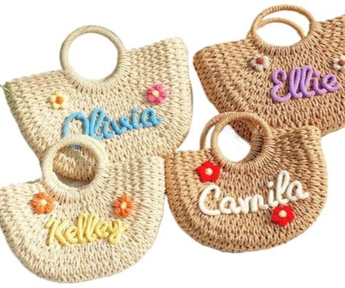 Bolsas de playa personalizadas para dama de honor, bolso de paja personalizado, cesta tejida personalizada