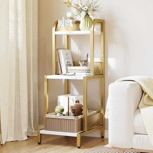 Aptliton Space-Saving Gold 3-Tier Ladder Bookshelf, White & Gold, 1Pcs | Small Freestanding Bookcase & Plant Stand, Modern Open Storage Rack for Office, Bedroom, Living Room, Bathroom, Kitchen