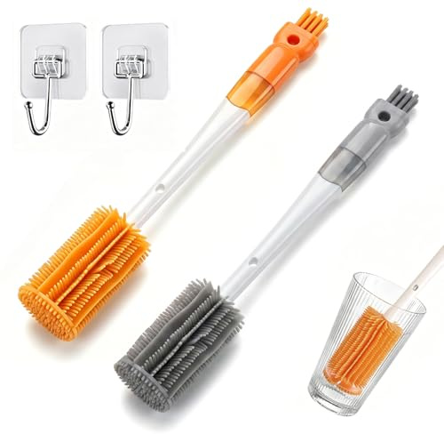 2 Pezzi 5 in 1 Spazzola per Bottiglie in Silicone, Spazzola per Bottiglia con Manico Lungo, Spazzole Multiuso per Pulizia con 2 Ganci, per Biberon, Bottiglie Acqua, Bicchieri, Calici da Vino