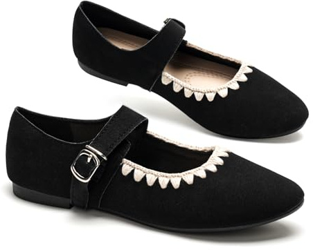 GLAMORA Ballerines Femme Mary Jane Effet Daim Bride Boucle Décorative Fermeture Rapide Crochet Chaussures Plates Souples Légères Bordure Tricotée Bout Rond Semelle Antidérapante Confort