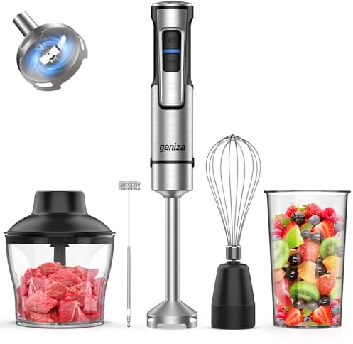 Ganiza Batidora de Mano 5 en 1, 1200 W, con control de velocidad y función turbo, Acero inoxidable e incluye picadora, batidor de varillas, espumador de leche y vaso medidor