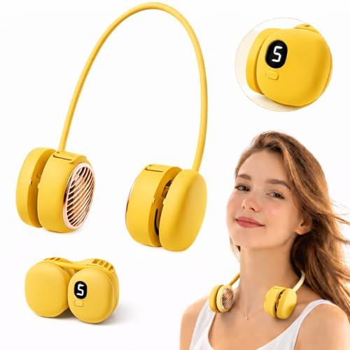 Foluu Rechargeable Neck Fan with 5 Speeds & Digital Display - Portable Hands-Free Personal Fan with 120 Blades Turbine, 360° Flexible Silicone, Ultra-Quiet 40dB - for Travel, Sports, Office (Yellow)