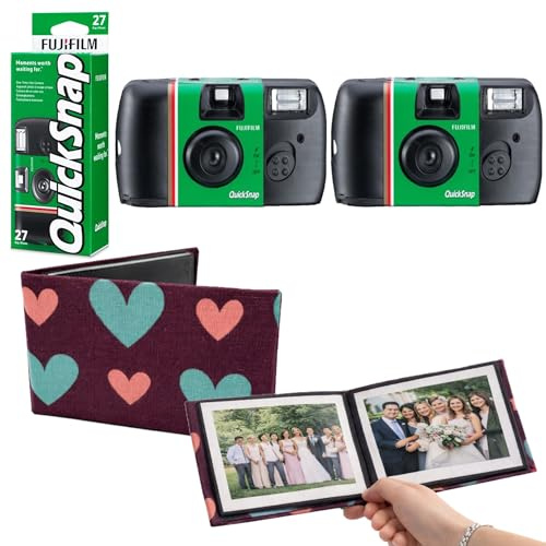 Fujifilm Quicksnap 27 Exposure Disposable Camera With Flash 400 ISO Speed Film Bundle – Includes 2 x Single Use Cameras, Complete With Premium Fabric Purple Heart 36 Slot Photo Album Ready To Use