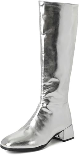 2024 Nuovi Stivali Alti al Ginocchio con Tacco A Blocco da Donna in Pelle Verniciata Pu Stivali Lunghi Stivali Alti Elastici con Punta Quadrata, Caldi Stivali da Neve Foderati in, Silver, 6 UK