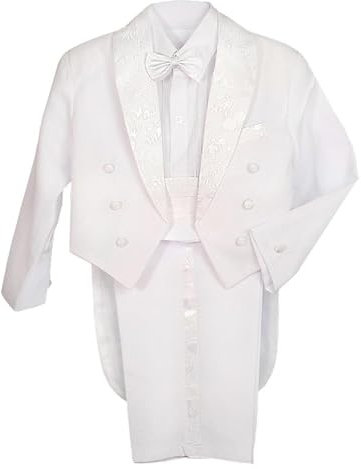 Lito Angels Smoking Costume Mariage Bapteme Ceremonie Enfant Garcon, Ensemble 5 Pieces (Blazer, Chemise, Ceinture, Noeud Papillon et Pantalon), Taille 5 Ans, Blanc (étiquette en Tissu 7)