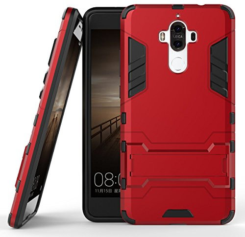 MHHQ Schutzhülle für Huawei Mate 9, 2-in-1, robust, Hybrid, doppellagig, TPU + PC, Hartschale, mit Kickstand-Halterung [stoßfest] – Rot