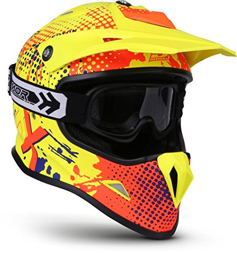 SOXON® SKC-33 Set „Fusion Neon“ · Kinder Cross-Helm · Motorrad-Helm MX Cross-Helm MTB BMX Cross-Bike Downhill Off-Road Enduro-Helm · ECE 22.05 Schnellverschluss SlimShell Tasche S (53-54cm)