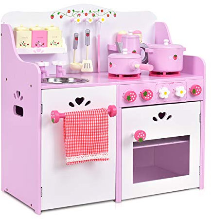 COSTWAY Cocinita de Juguete de Madera Cocina de Juego para Niña Infantil con Accesorio 60x29,5x62 Centímetros