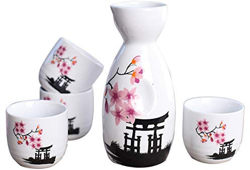 Lawei Conjunto de 5 piezas de sake de cerámica japonesa, diseño de flor rosa