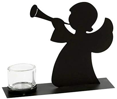 Großer Posaunenengel, Engel Figur aus Eisen, schwarz, mit Posaune und Windlicht, schöne Deko für Advent Weihnachten, H20cm, L25cm
