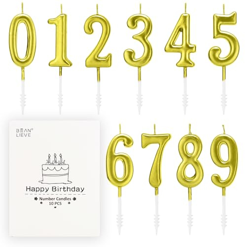 BEAN LIEVE 10 Stück Ziffern-Geburtstagskerzen – Kuchen-Zahlenkerzen, Zahlen 0–9, glitzernde Kuchendekoration für Geburtstag, Hochzeitstag und Partyfeier (Gold)
