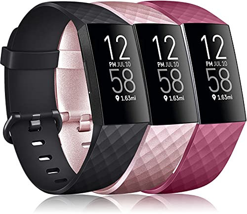 Vancle 3 Pack Kompatibel für Fitbit Charge 3 Armband/Fitbit Charge 4 Armband, Klassisch Sport Verstellbares Ersatzarmband für Fitbit Charge 3 / Fitbit Charge 4 (Schwarz/Roségold/Wine Rot, L)