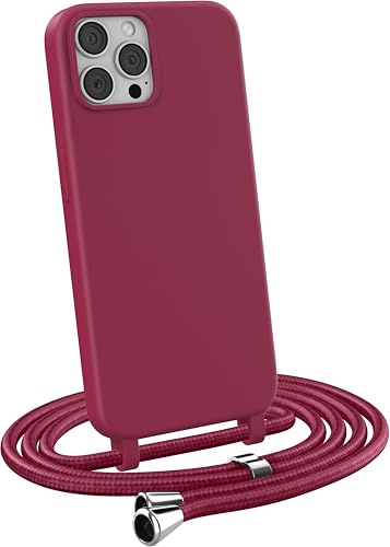 MyGadget Funda para iPhone 12 Pro MAX - Carcasa con Cuerda en Silicona TPU Suave con Cordón - Case y Correa Colgante Ajustable y Portátil - Rojo Bordeaux