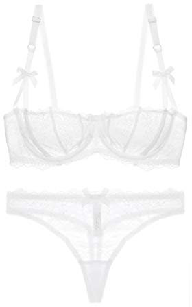 varsmiss Sheer Lace Bra Thong Set Transparent Sexy Unlined Half Cup Lingerie Underwear (White,36B)