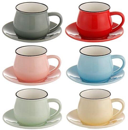 All-Pie Porcelain Espresso Cups with Saucers - 108 ml/3.65 oz - Set of 6, Small Coffee Tea Cup 6 Colors