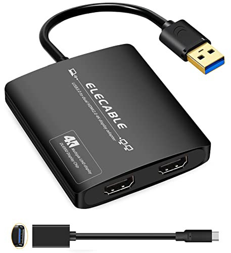ELECABLE USB 3.0 to Dual HDMI Adapter - 4K@60Hz Ultra HD - Built-in DisplayLink DL6950 Chip - Extend Screen to Multiple Monitors - Compatible with Windows, Mac OS, Android, Chrome OS, Ubuntu