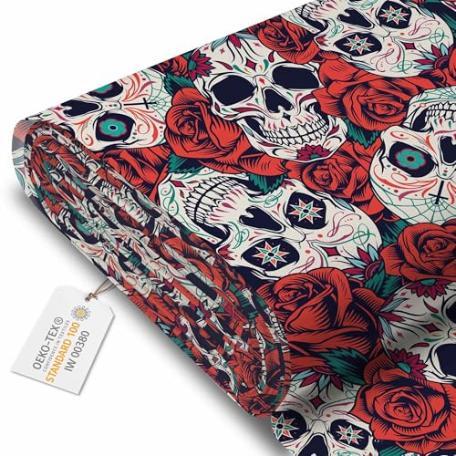 DreamRoots Markisenstoff Meterware, Red Roses Skull, Laufmeter | Oxford Segeltuch, wasserdicht, Polsterstoff Meterware, 220 g/m² 600D, 160 cm breit, für außen & Deko