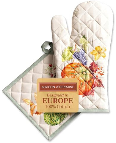 Maison d' Hermine Lumina Set di guanti da forno in 100% cotone (19cm x 33cm) e presina (20cm x 20cm) per barbecue, cuocere, forno a microonde, grigliate, Ringraziamento e Natale