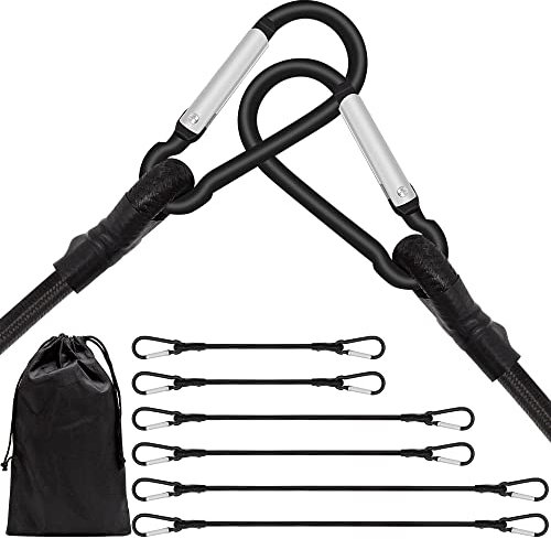 Bungee Cords with Carabiner Clips, 6 Pack Long Heavy Duty Carabiner Bungee Cord Assorted Size 60 100 150 cm, Extra Strong Black Bungee Straps with Carabiner Hooks for Tarps, Bike Rack, Tent, Car