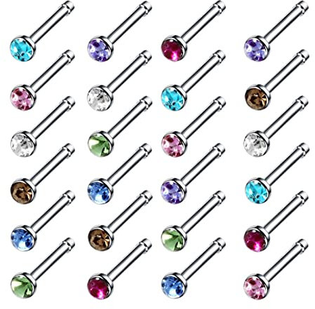 Musihy Nose Stud, 24 Stücke Piercing Stechen Set Edelstahl Nasenpiercing Ring Silber Gerade mit Zirkon