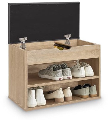 Juskys étagère à Chaussures avec Couvercle Rabattable et siège rembourré de 60 x 30 x 44 cm - Banc étroit en Bois avec Rangement pour Chaussures et Coussin, Montage Rapide — Aspect Bois - Gris