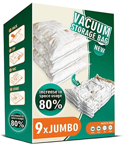 Storage Master Space Saver Bags for Travel and Home Reusable Vacuum Storage Bags Save 80% More Storage Space Work with Vacuum Cleaner (9 Jumbo, No Pump Included)