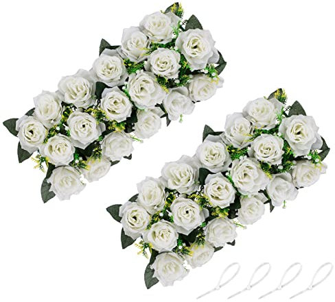 NUPTIO Kunstblumen Mittelstücke für Tische 2 Stück Weiße Blumen 50cm Lang Gefälschte Seidenblumen Rosen Arrangements für Hochzeit Party Tischläufer Esszimmer Wohnzimmer Mittelstück Dekor