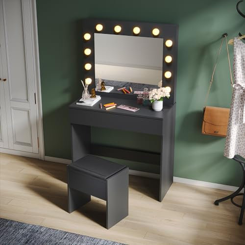 SUNXURY Schminktisch mit Beleuchtung Spiegel und Hocker Modern Frisiertisch mit 1 Schubladen Kosmetiktisch mit Spiegel Schlafzimmermöbel für Mädchen 140 x 40 x 80cm Schwarz