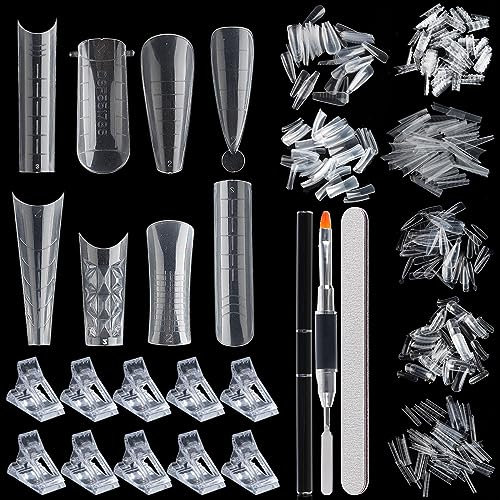 Dual Nail Form Kit, 480pcs Dual Forms for Polygel, Stiletto Coffin Ballerina Nail Extension Forms, 10pcs Nail Clips With Nail Gel Brush Pen Nail Files Buffer, Nail Extension Kit for Beginner
