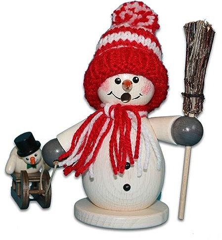 Holzwaren Egermann Rauchmann/Räucherfigur aus Holz - Schneemann mit Schlitten & Kind - Accessoires in Rot - Höhe: ca. 15 cm - Made in Germany
