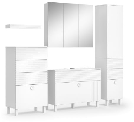 Vicco Badmöbel-Set Sola, Weiß, 100 cm, besteht aus Waschbeckenunterschrank, Spiegelschrank, Hochschrank, Badschrank und Regal