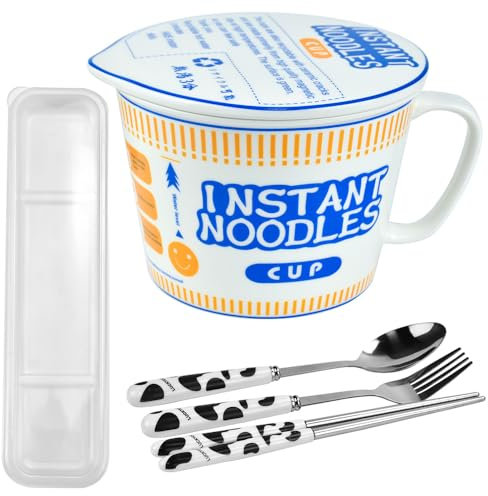 LIMITADA Ramen Schüssel mit Deckel Ramen Schüssel 1000ml Suppenschüssel Groß Keramik Ramen Schüssel mit Deckel Groß Instant Nudeln Ramen Bowl Ramen Instant Nudeln Bowl Mit Edelstahlbesteck (blue)